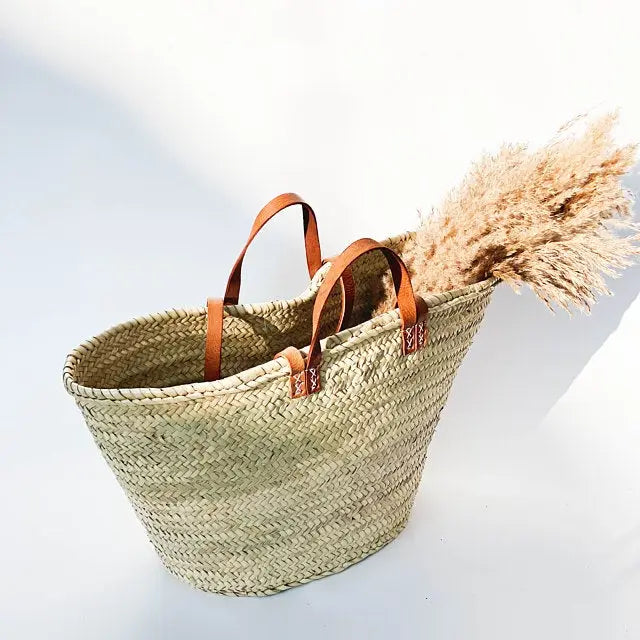 Straw Bag Handmade with Leather, French Market Basket (Brown)