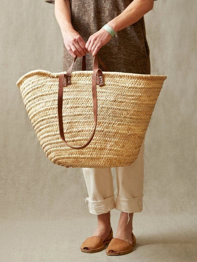 Straw Bag Handmade with Leather, French Market Basket (Brown)