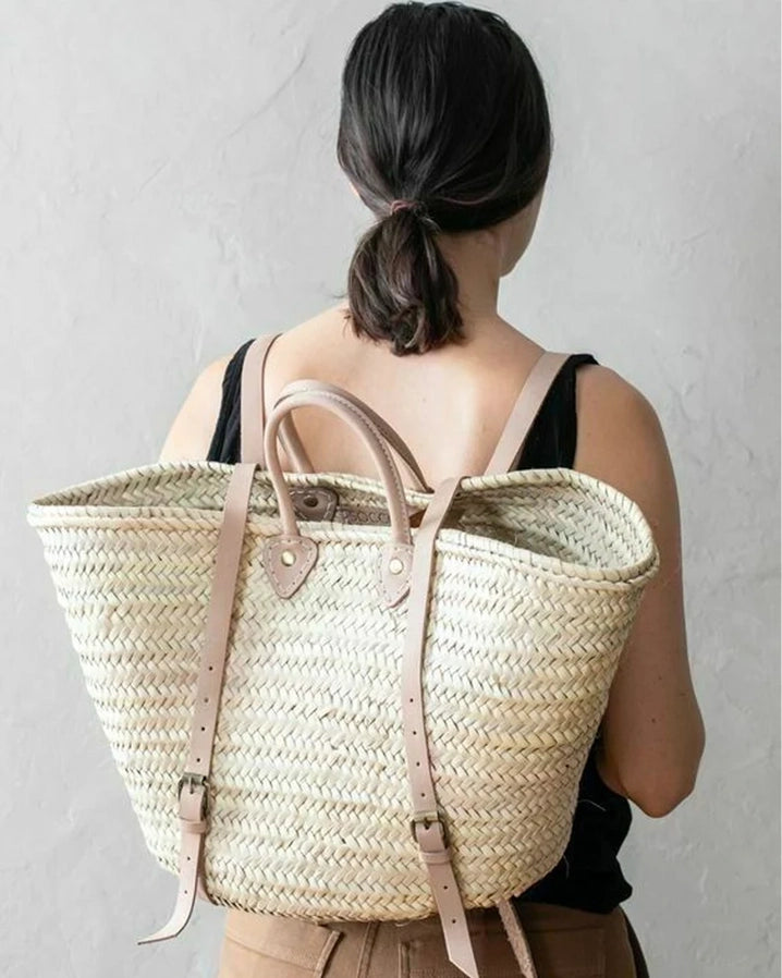 STRAW BAG Handmade leather, French Market Basket /  Backpack