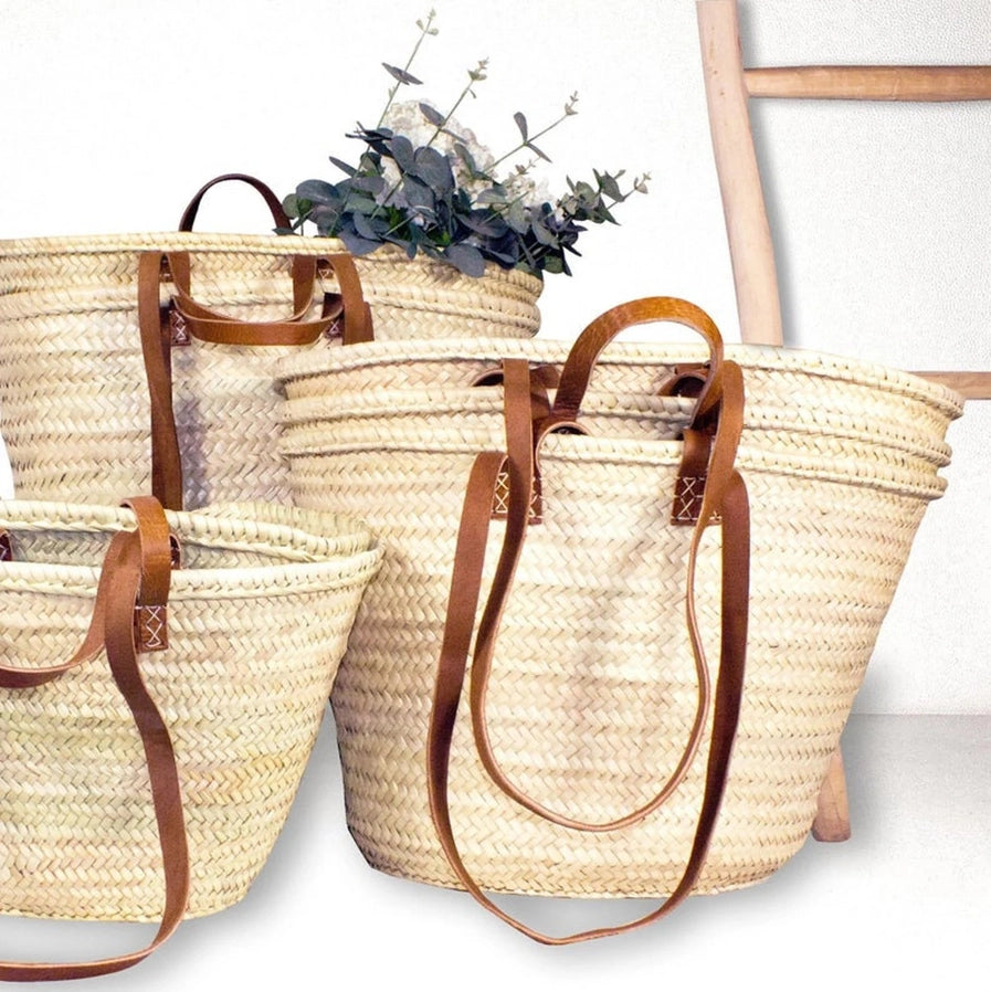 Straw Bag Handmade with Leather, French Market Basket (Brown)