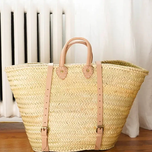 STRAW BAG Handmade leather, French Market Basket /  Backpack