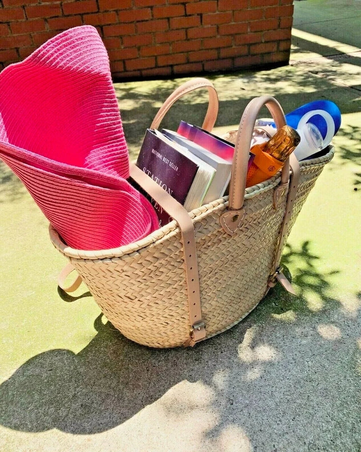 STRAW BAG Handmade leather, French Market Basket /  Backpack