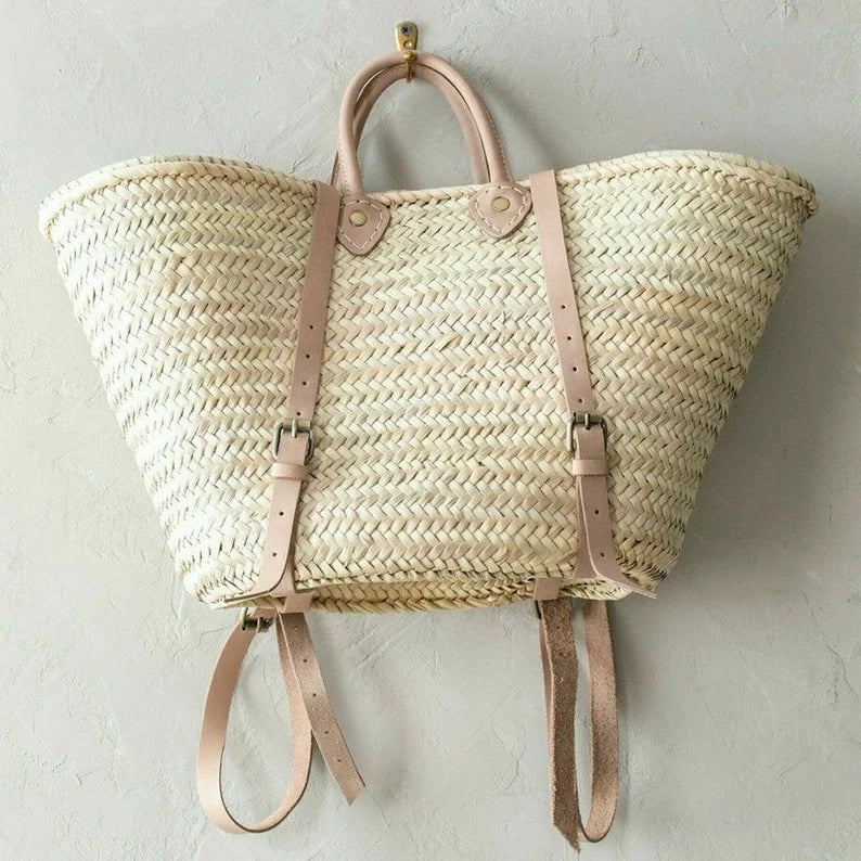 STRAW BAG Handmade leather, French Market Basket /  Backpack