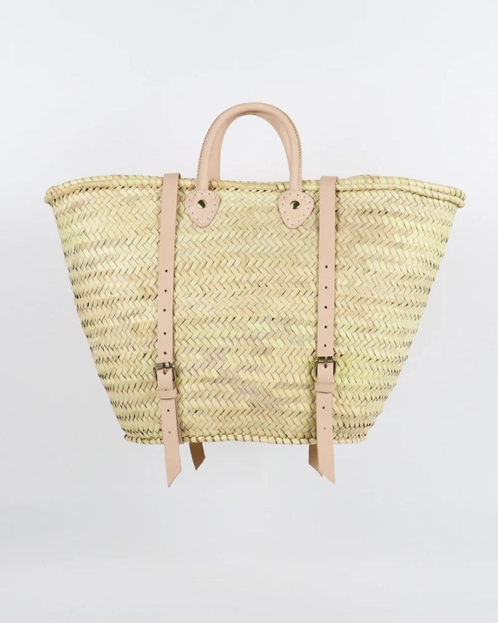 STRAW BAG Handmade leather, French Market Basket /  Backpack