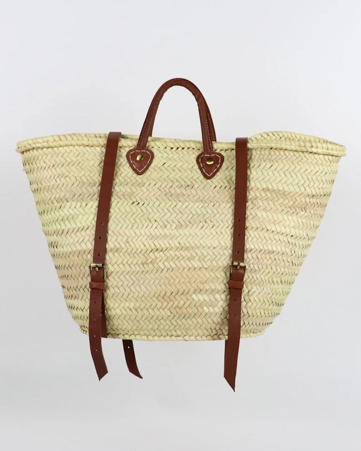 STRAW BAG Handmade leather, French Market Basket /  Backpack