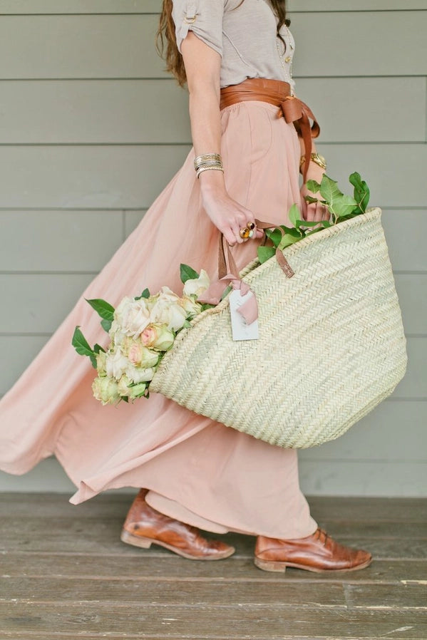 Straw Bag Handmade with Leather, French Market Basket (Brown)