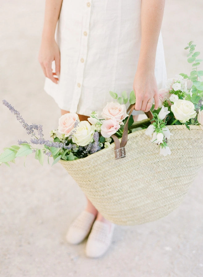 Straw Bag Handmade with Leather, French Market Basket (Brown)